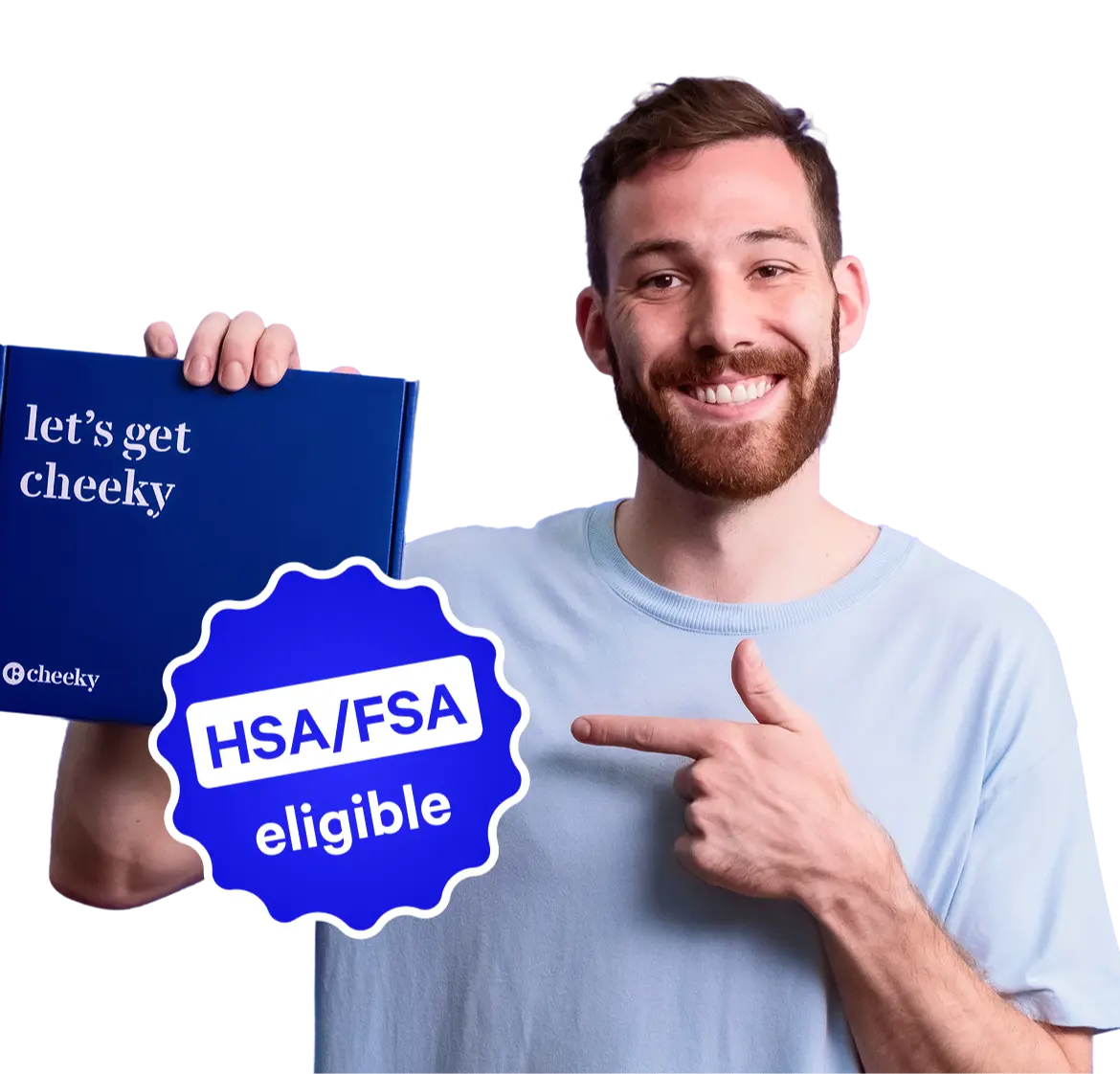 Man holding a blue book titled 'let's get cheeky' with a 'HSA/FSA eligible' badge, pointing to the text.