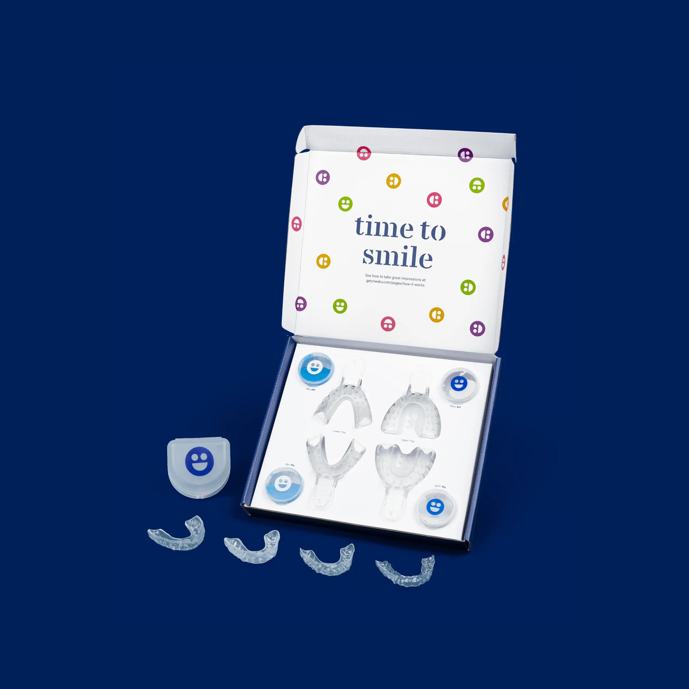 Packaging of dental aligners with 'time to smile' text on a blue background