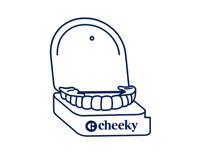 Dental model in a display case with 'cheeky' branding on a white background