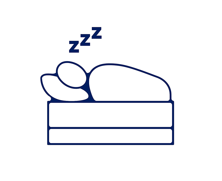 Navy blue icon of a sleeping person on a mattress with 'zzz' above on a white background
