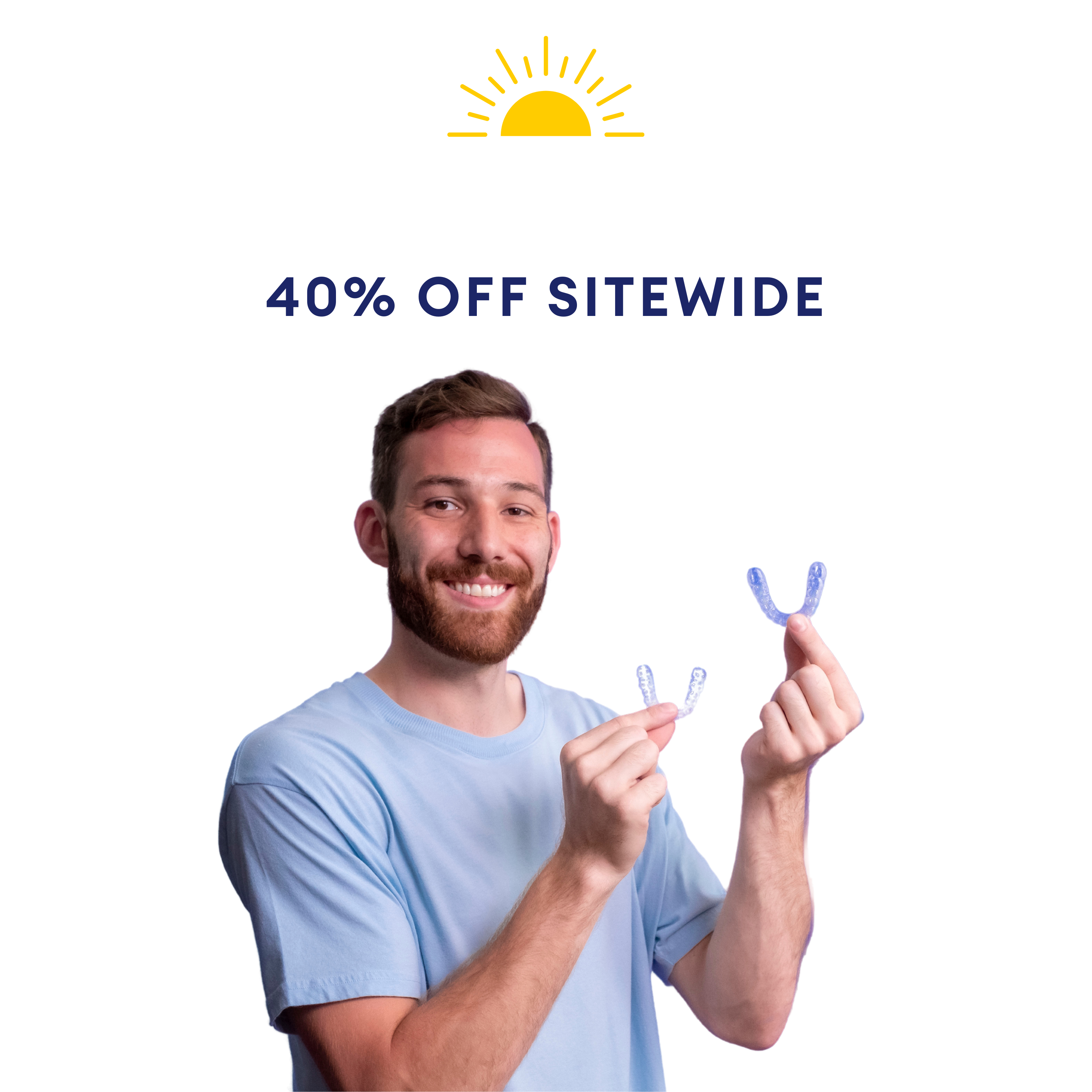 A smiling man in a light blue shirt holds two clear dental aligners, promoting a summer sale with 40% off sitewide.