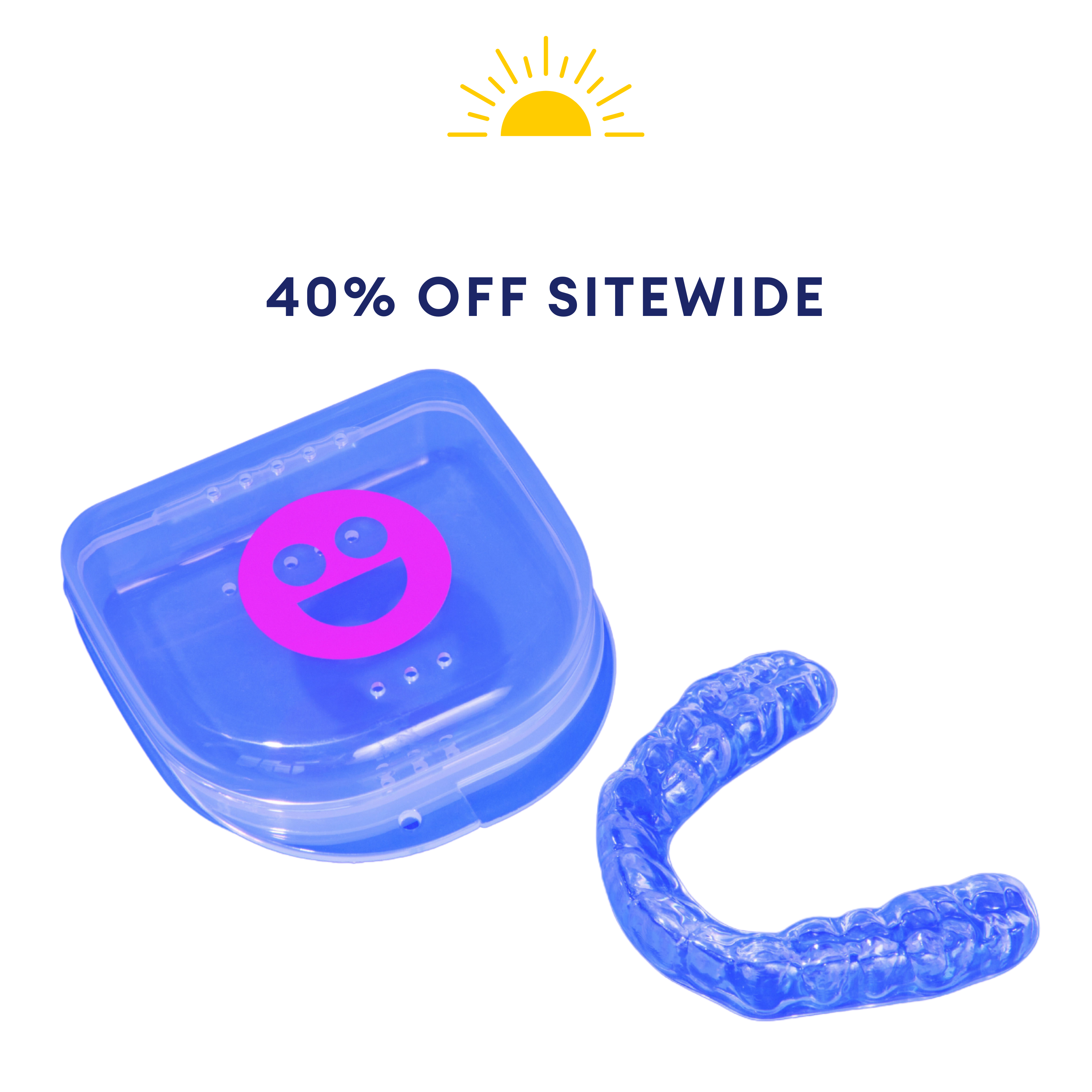 Blue mouthguard with a smiley face case on a white background, featuring a sale banner.