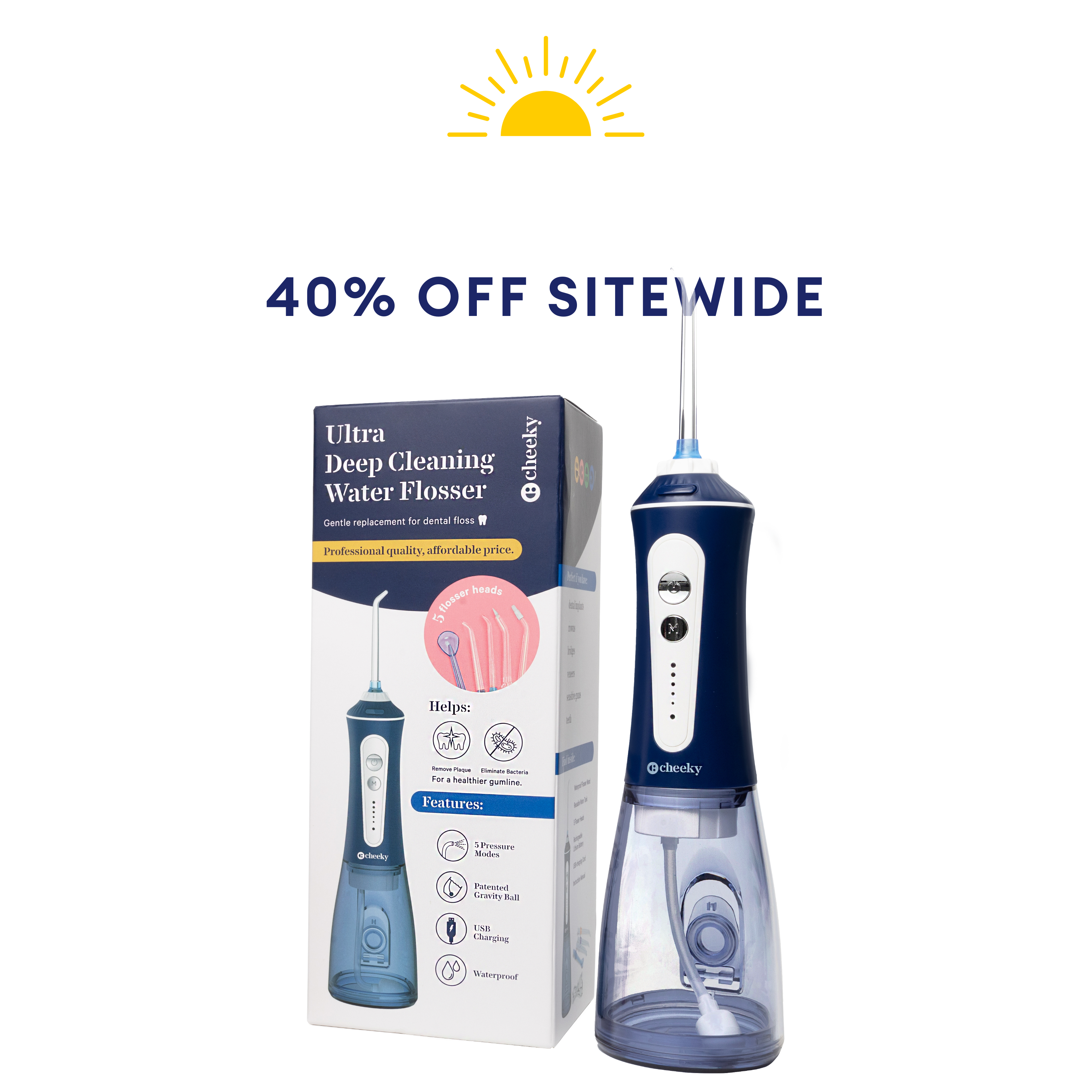 Blue water flosser with packaging on a white background, featuring a discount banner.