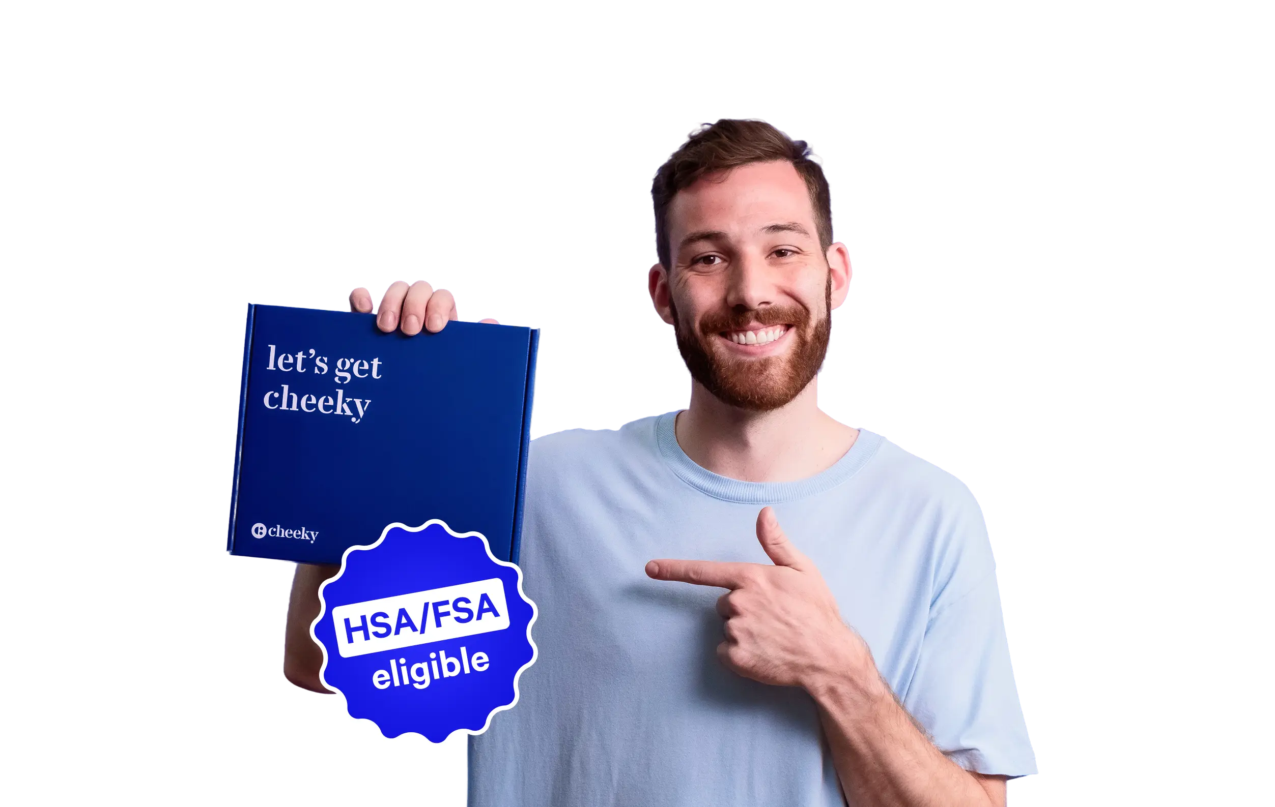 Man holding a blue book titled 'let's get cheeky' with a Cheeky logo, pointing to an HSA/FSA eligible badge on a white background.