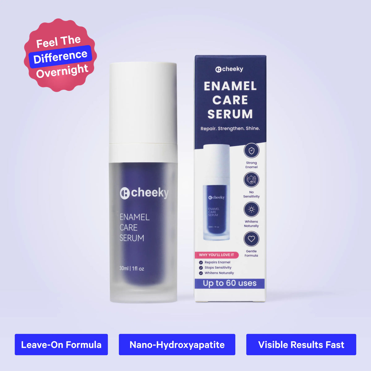Cheeky Enamel Care Serum bottle and packaging box displayed on a light lavender background with promotional text badges. The bottle is frosted with a dark blue-purple serum visible inside, and the box is dark blue and white with product claims.