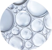 A circular close-up graphic showing a cluster of translucent, glossy soap bubbles in shades of light blue, gray, and white.